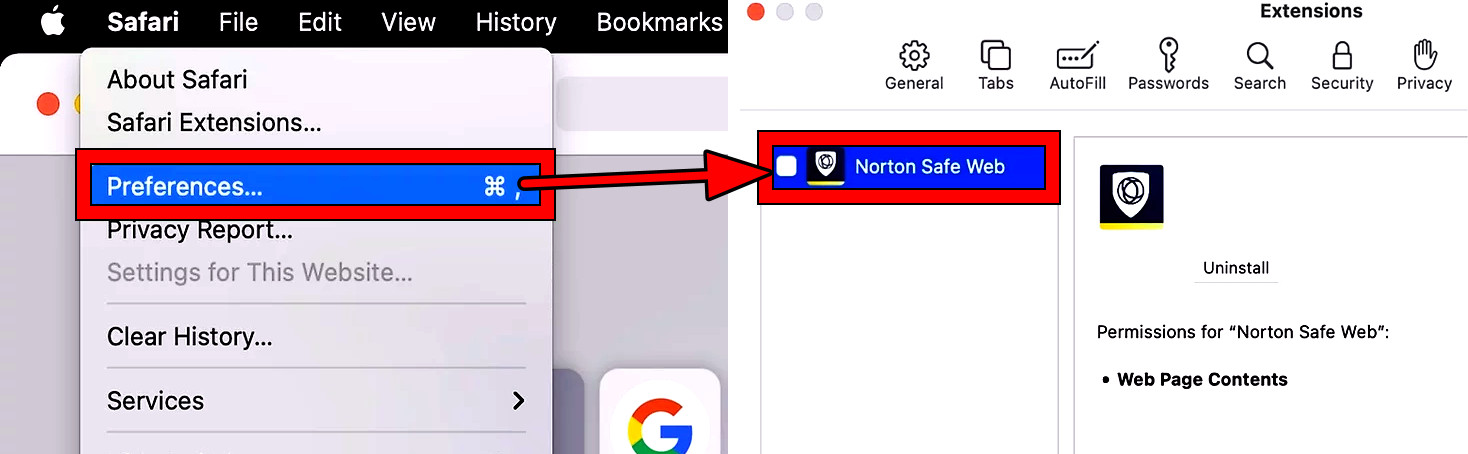 Disable Norton Web Safe for Safari