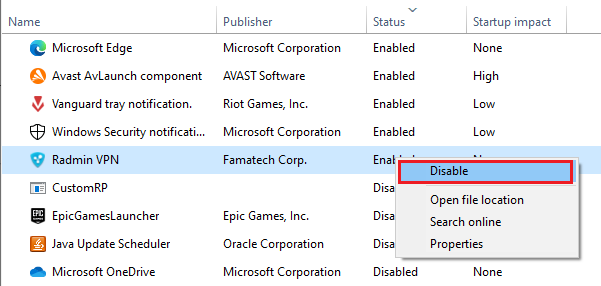 Disabling an app in Task Manager