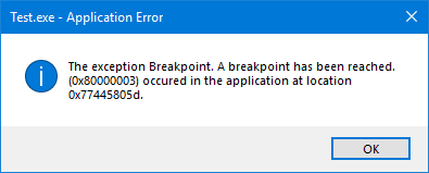 Exception breakpoint error dialog on Windows