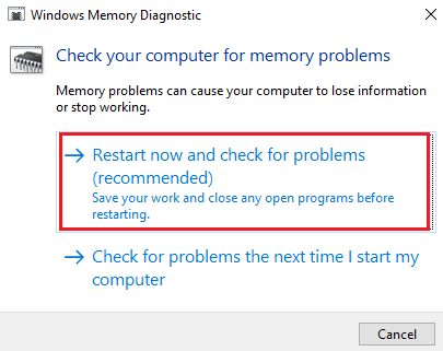 Memory Diagnostic Tool restart prompt