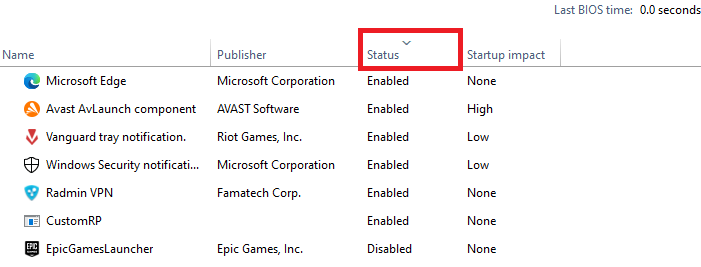Sorting by Status column in Task Manager